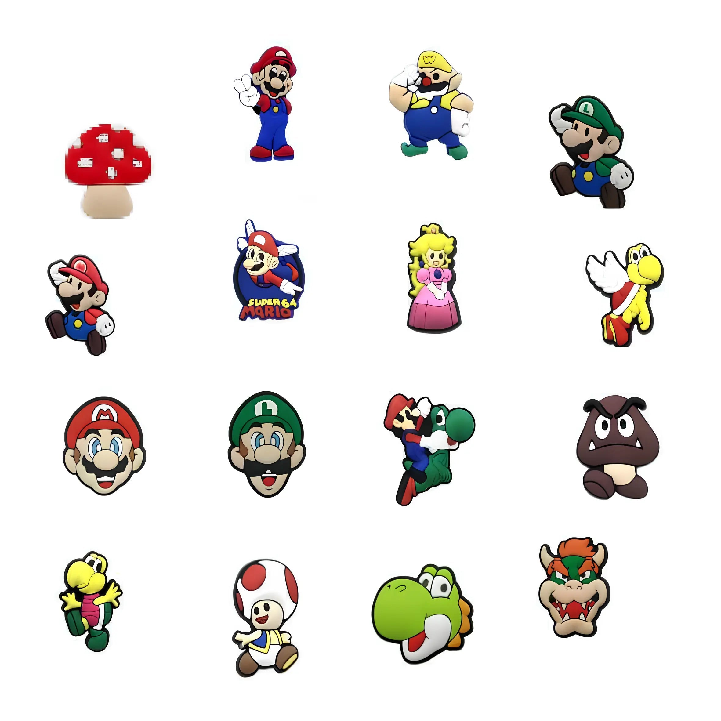 Collection de pin’s Super Mario pour Crocs avec Mario, Luigi, Peach, Yoshi, Bowser, Toad, Wario, Goomba et Koopa Troopa.