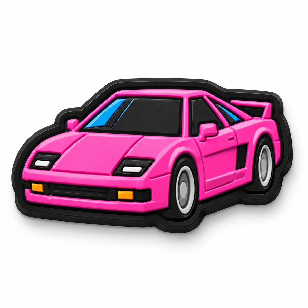 Pin's Crocs GTA 6 voiture de sport rose fluo style supercar rétro années 80 sur contour noir