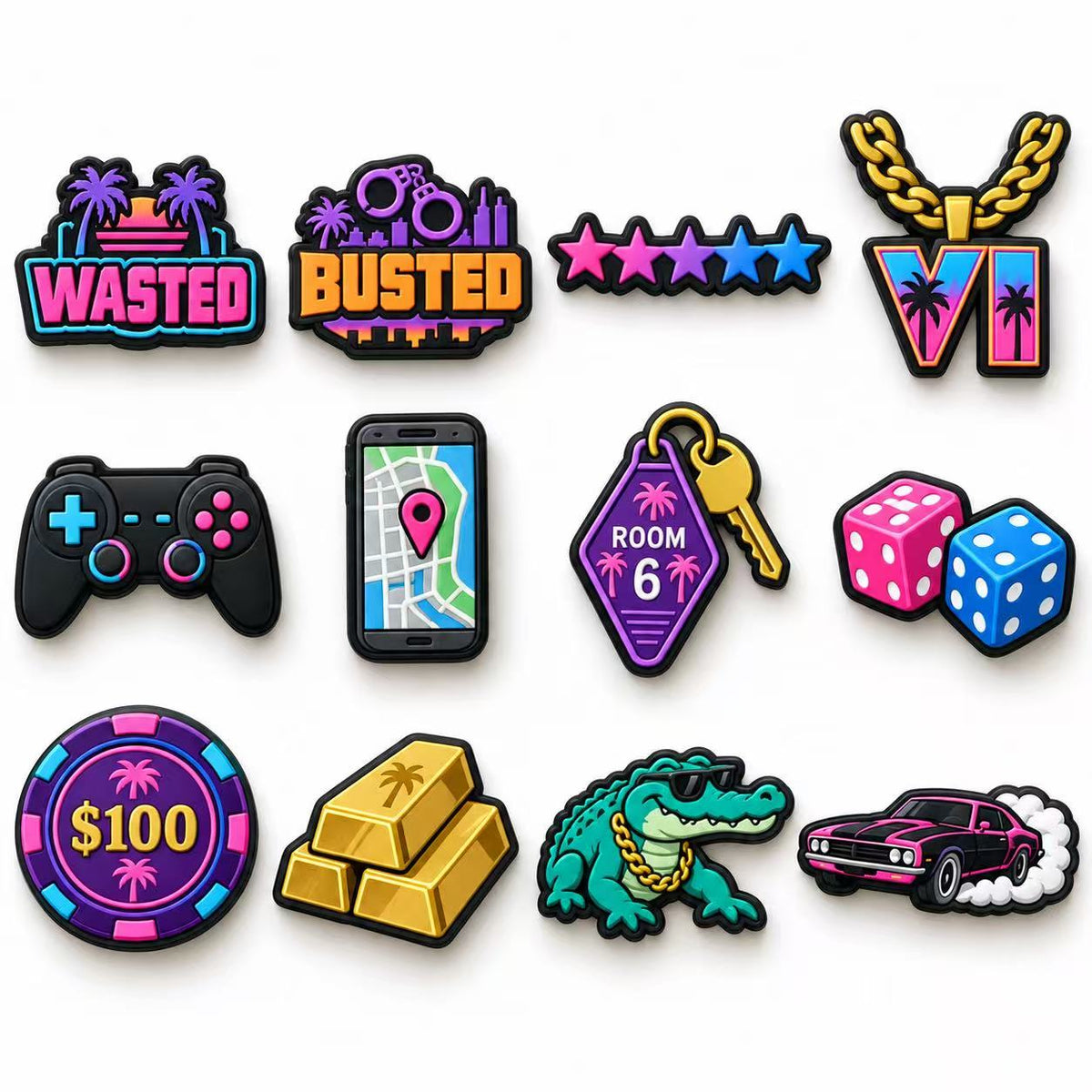 Lot de 12 pins Jibbitz GTA 6 II pour Crocs : Wasted, Busted, 5 étoiles, VI chaîne en or, manette, smartphone GPS, clé Room 6, dés, jeton casino 100 $, lingots d'or, crocodile et muscle car rose