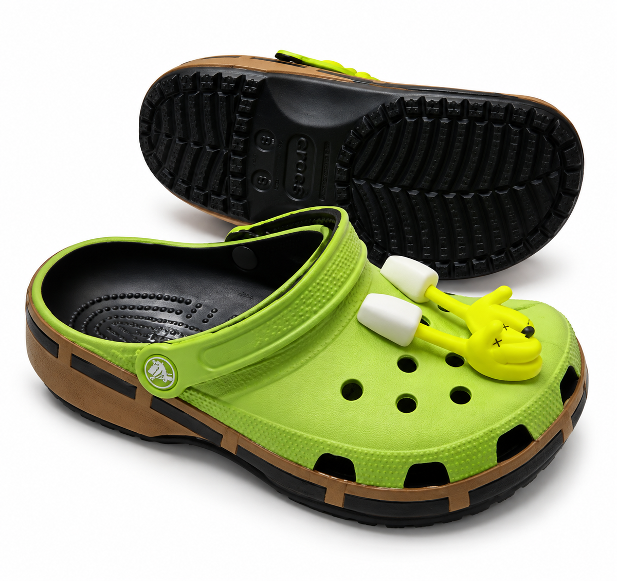 Crocs Bob l'Éponge vert citron avec semelle intérieure noire et Jibbitz 3D