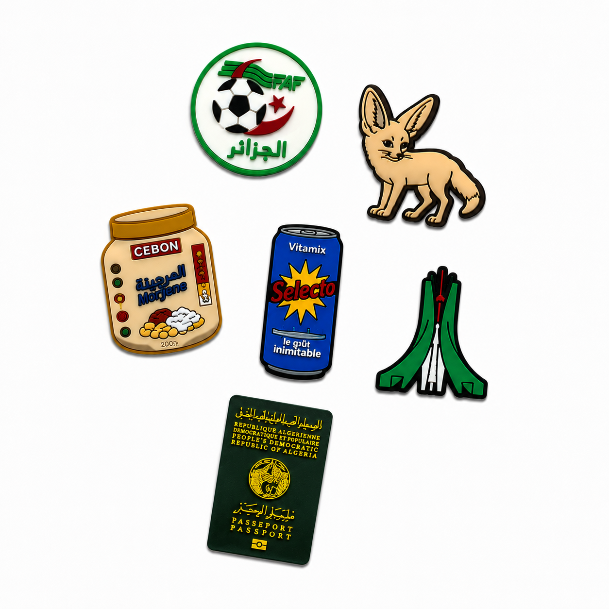 Collection de pin's Algérie pour Crocs avec FAF, Fennec, Selecto, El Mordjene et monument algérien ClogsAddict