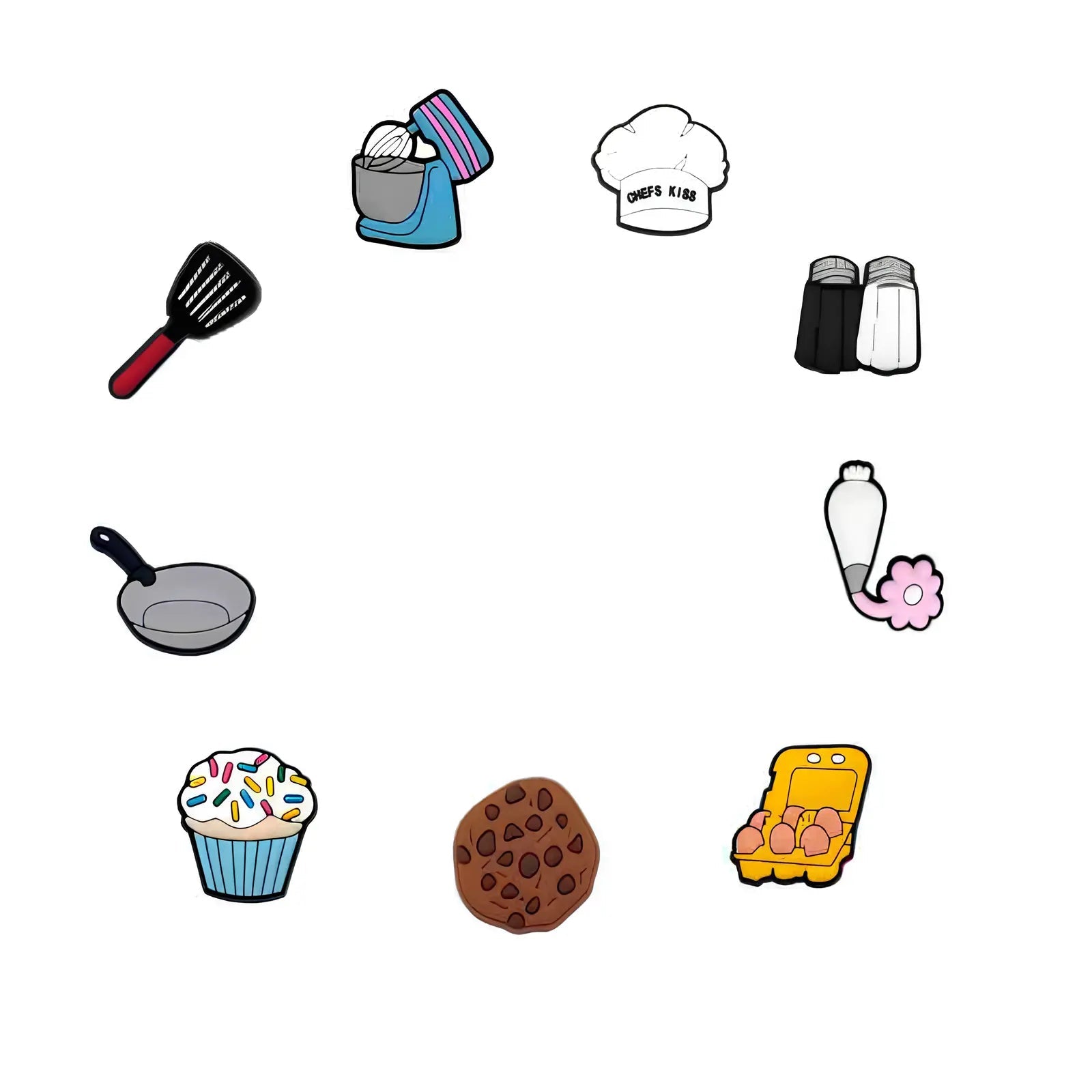 Collection de pin's cuisine et pâtisserie pour Crocs avec toque de chef, cupcake, cookie et ustensiles ClogsAddict