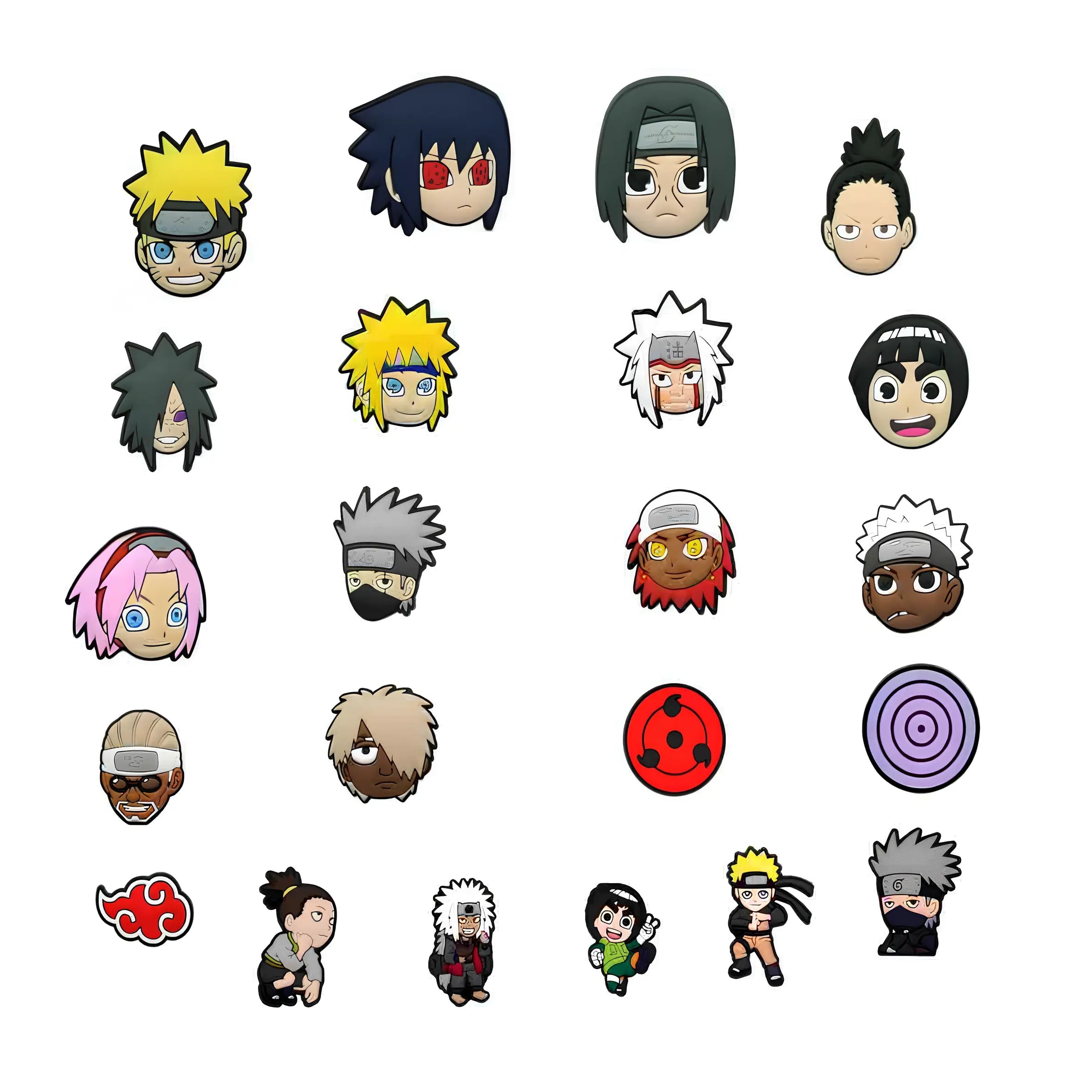 Collection de pin's Naruto Shippuden pour Crocs avec Naruto, Sasuke, Itachi, Kakashi, Akatsuki, Sharingan et Rinnegan - ClogsAddict