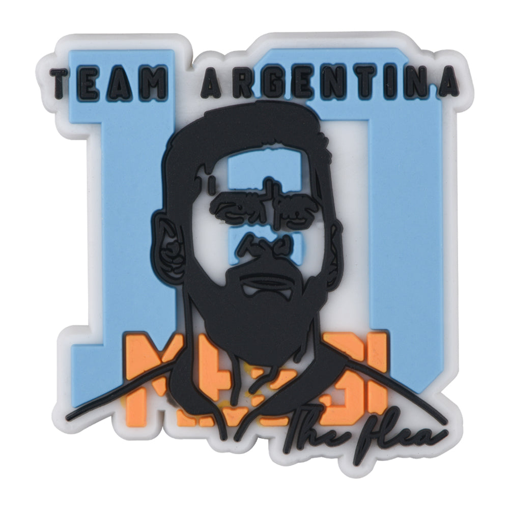Pin's Messi Team Argentina avec signature pour Crocs, jibbitz foot bleu ciel