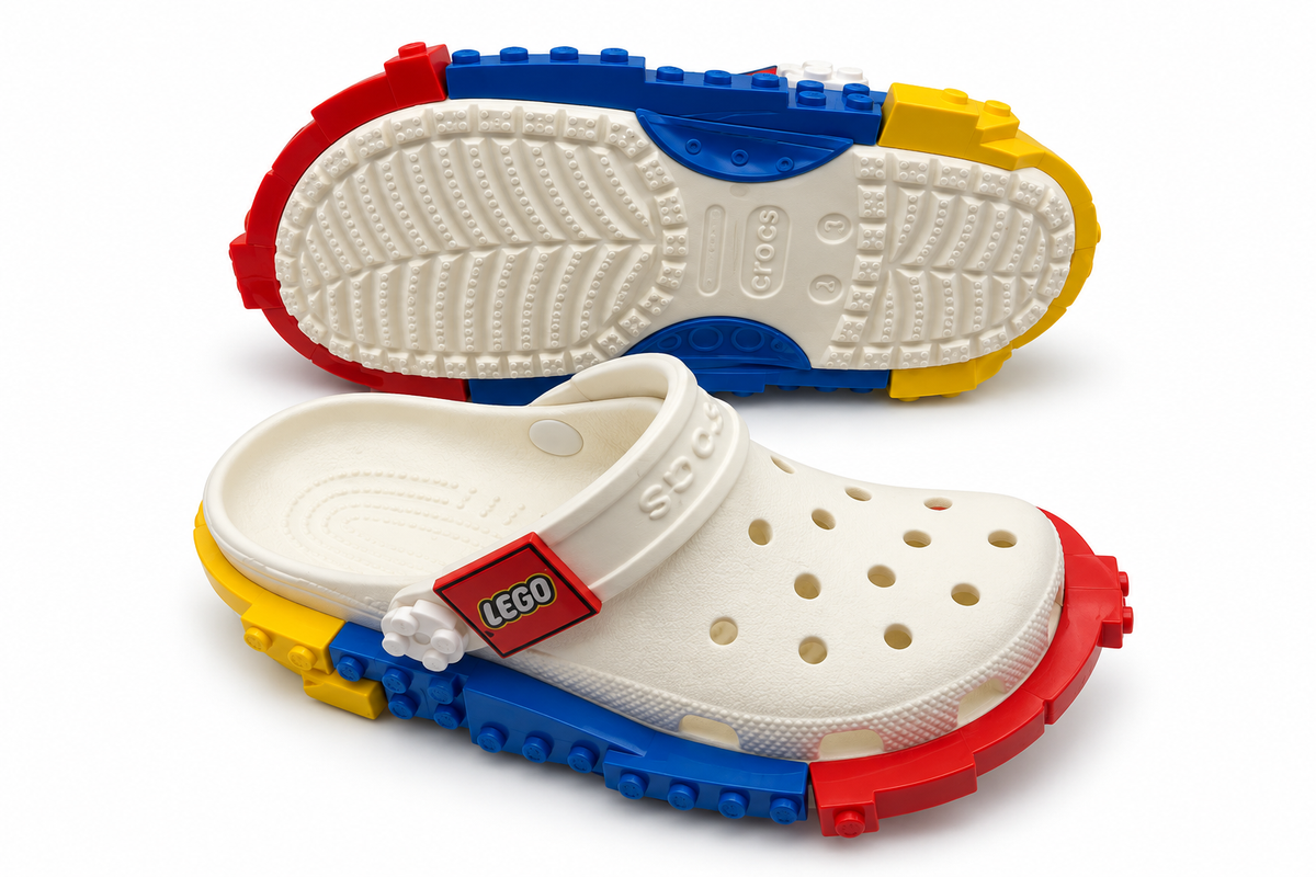 Crocs LEGO blanc avec semelle en briques rouges, bleues et jaunes

