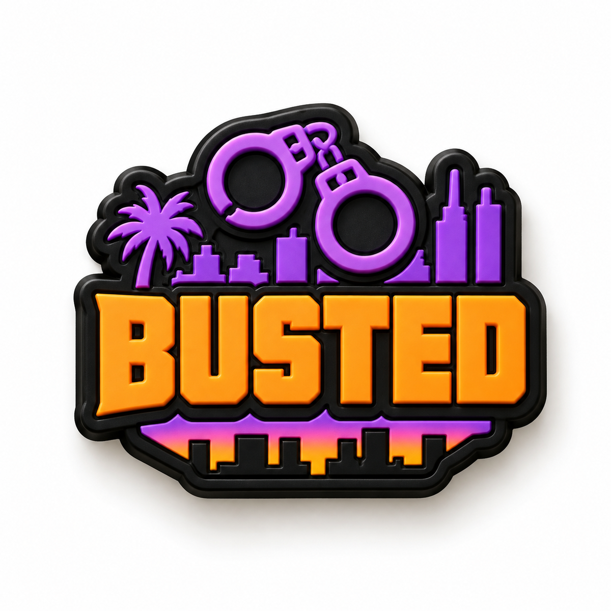 Pin Jibbitz GTA 6 Busted orange avec menottes et skyline violette pour Crocs
