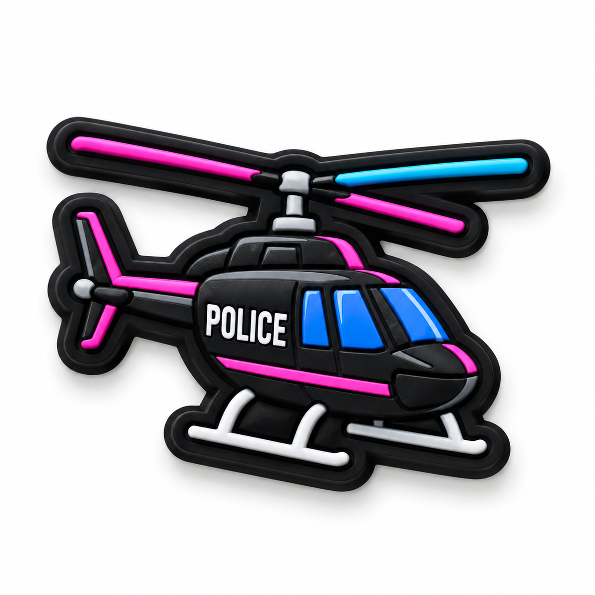 Pin's Crocs GTA 6 hélicoptère de police noir avec pales et détails néon rose et bleu
