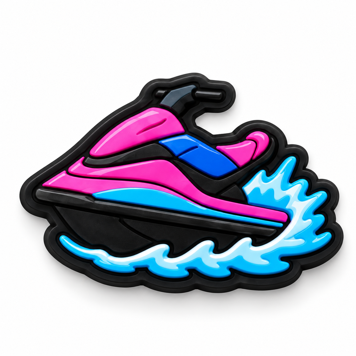 Pin's Crocs GTA 6 jet-ski rose et bleu fendant une vague bleue

