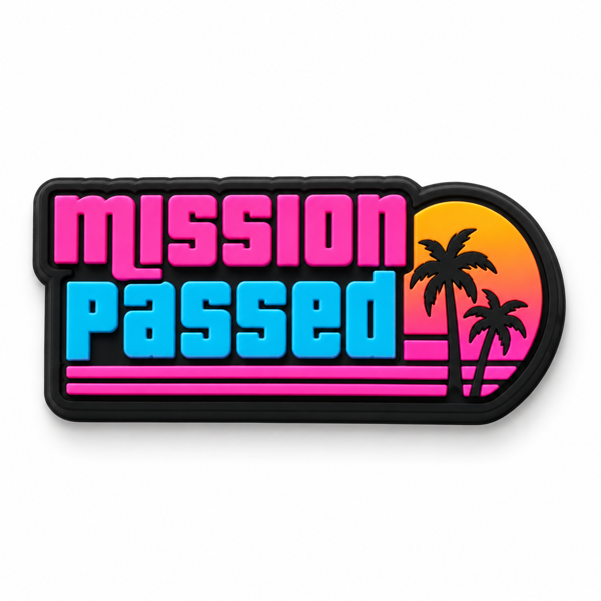 Pin's Crocs GTA 6 Mission Passed rose et bleu avec palmiers et coucher de soleil
