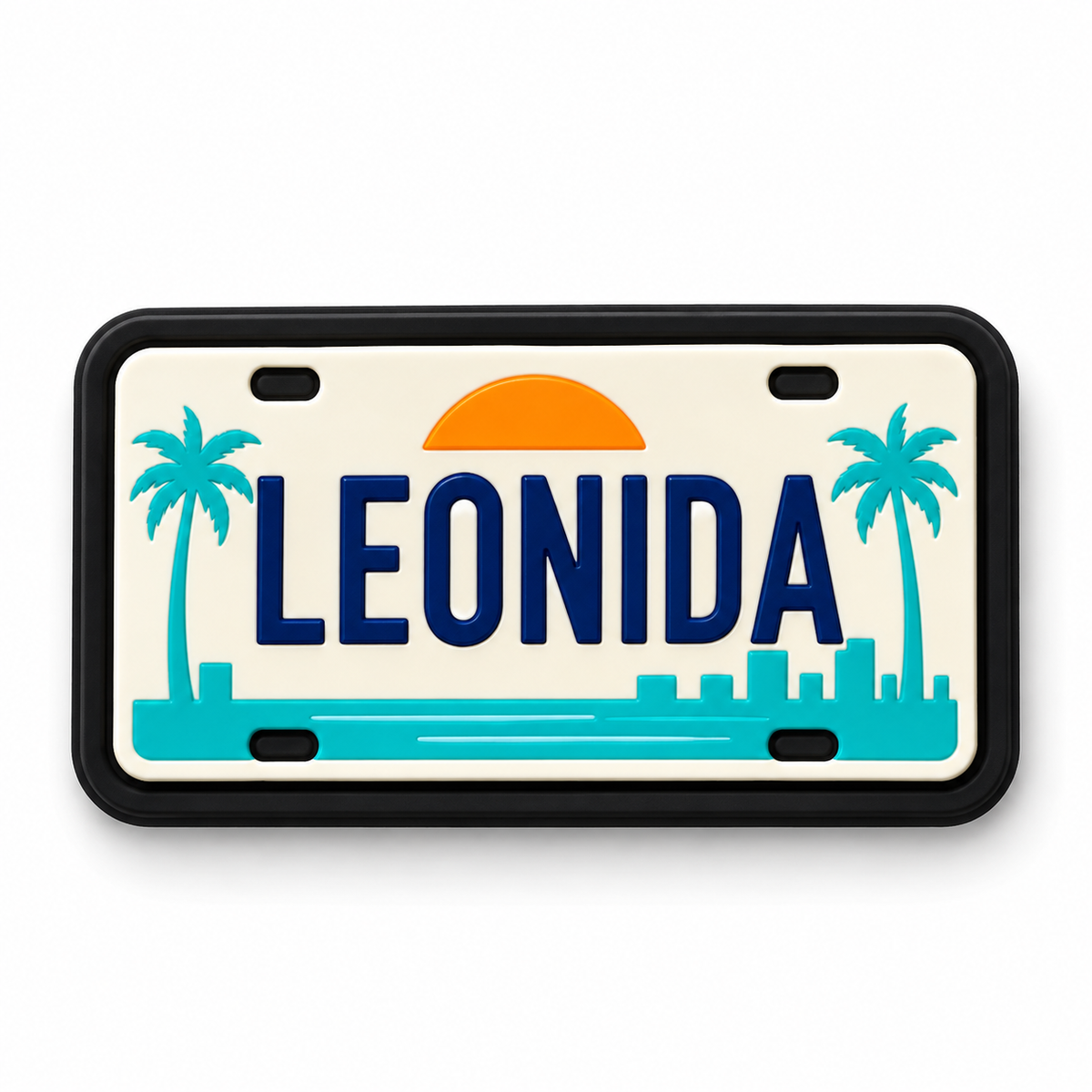 Pin's Crocs GTA 6 plaque d'immatriculation Leonida avec palmiers turquoise et soleil orange
