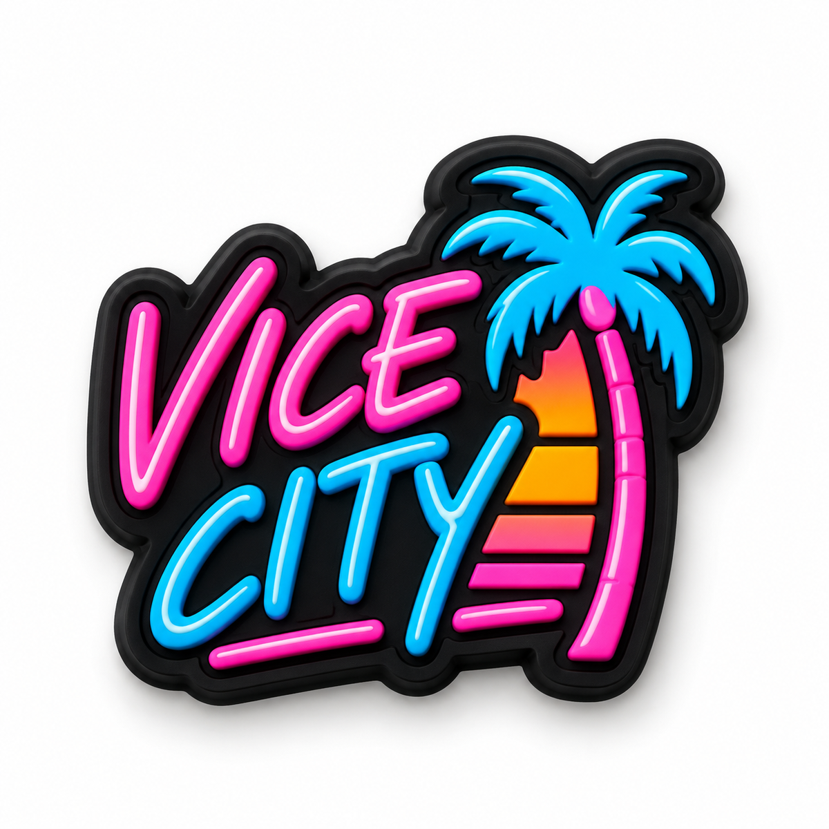 Pin's Crocs GTA 6 Vice City lettrage néon rose et bleu avec palmier et coucher de soleil
