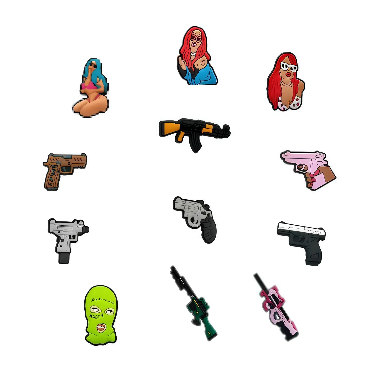 Collection de pin’s GTA pour Crocs inspirée de Grand Theft Auto avec personnages, armes, masques et accessoires streetwear.