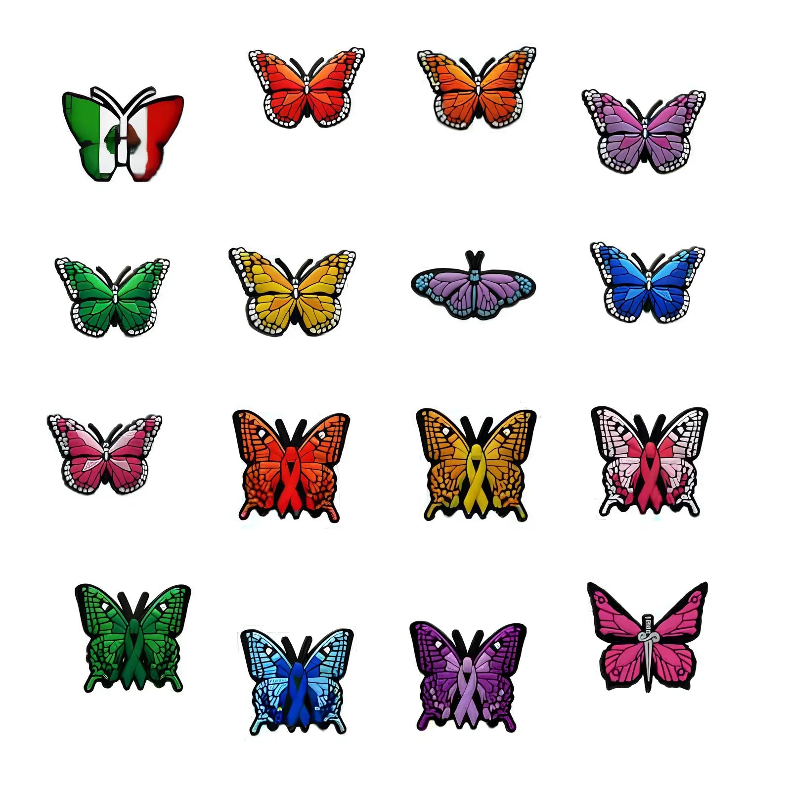 Collection de pin’s papillons pour Crocs avec modèles rouges, bleus, roses, verts, violets et papillons à ruban de sensibilisation.