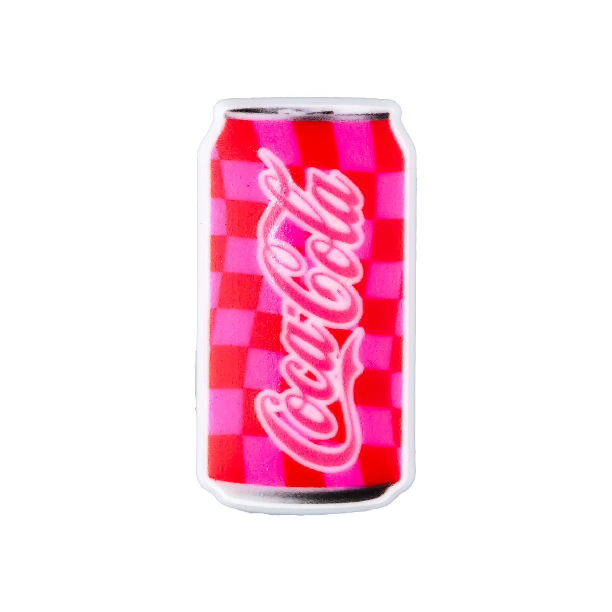 Pin's canette Coca-Cola imprimé damier rose et rouge pour Crocs
