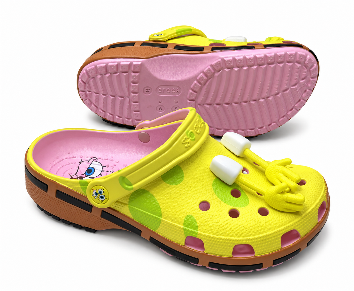 Crocs Bob l'Éponge jaune à pois avec semelle intérieure rose imprimée
