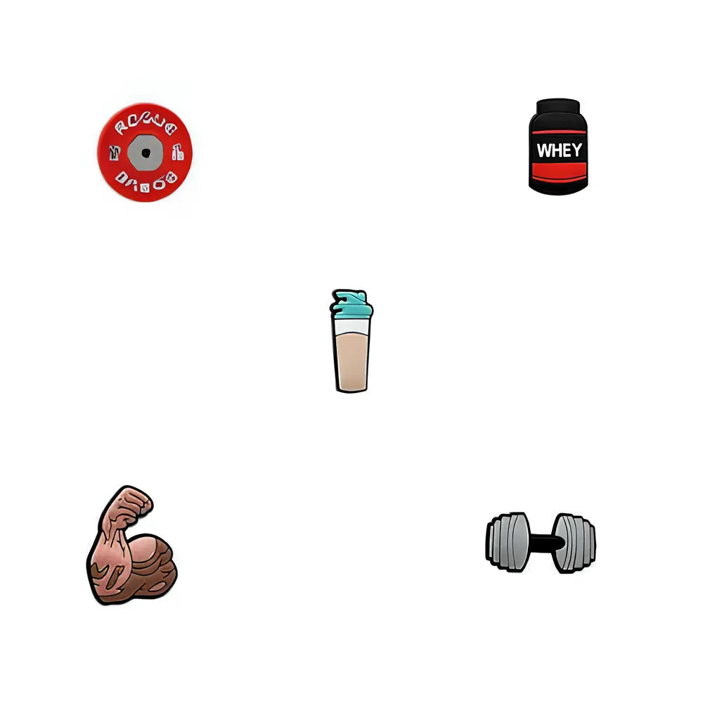 Collection de pin's musculation pour Crocs avec whey, shaker, haltères et bodybuilding ClogsAddict