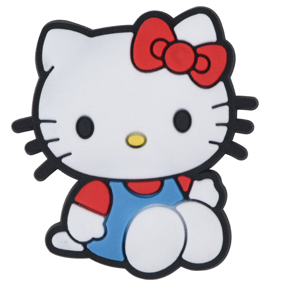 Pin's Hello Kitty assise en salopette bleue pour Crocs, jibbitz kawaii nœud rouge
